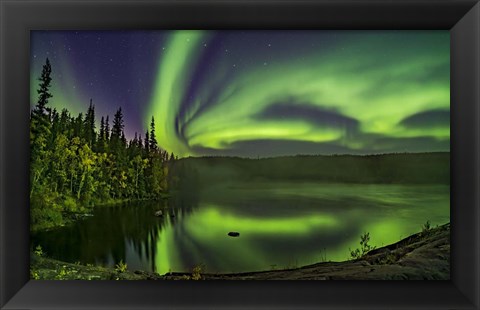 Framed Aurora Over Cameron River With Autumn Colors Print