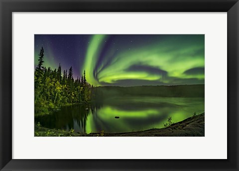 Framed Aurora Over Cameron River With Autumn Colors Print