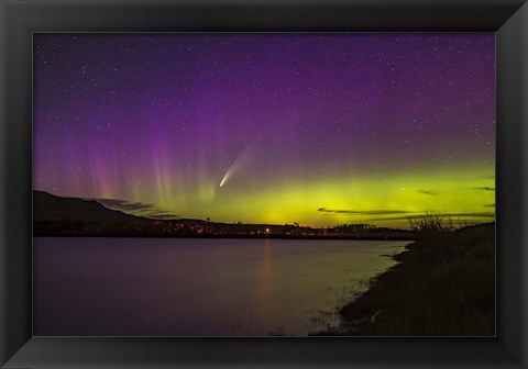 Framed Comet NEOWISE and Aurora Over Waterton River, Alberta Print