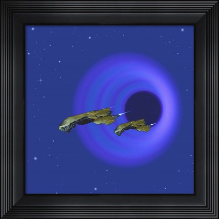 Framed Two Spacecraft Come Through a Wormhole in Space Print