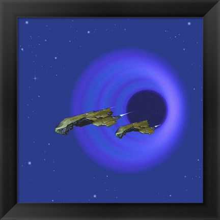 Framed Two Spacecraft Come Through a Wormhole in Space Print