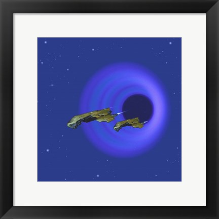 Framed Two Spacecraft Come Through a Wormhole in Space Print