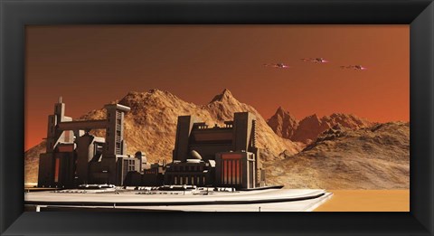 Framed Spacecraft Fly Near An Installation Habitat On the Planet Mars in the Future Print