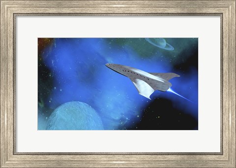 Framed Spaceship Voyages To the Outer Solar System Between Saturn and One of Its Moons Print
