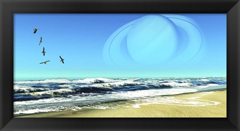 Framed Flock of Seagulls Fly Over Ocean Waves With Saturn Planet in the Sky Print