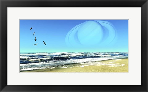 Framed Flock of Seagulls Fly Over Ocean Waves With Saturn Planet in the Sky Print