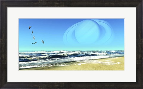 Framed Flock of Seagulls Fly Over Ocean Waves With Saturn Planet in the Sky Print