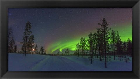 Framed Northern Lights in Lapland Forest, Finland Print