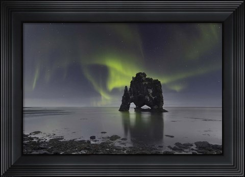 Framed Northern Lights Over Hvitserkur, a Spectacular Rock Formation in Iceland Print