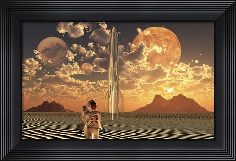 Framed Astronaut Using a Rocketship To Travel To Different Alien Planets Print