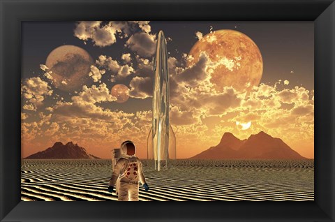 Framed Astronaut Using a Rocketship To Travel To Different Alien Planets Print