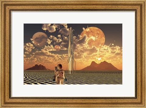 Framed Astronaut Using a Rocketship To Travel To Different Alien Planets Print