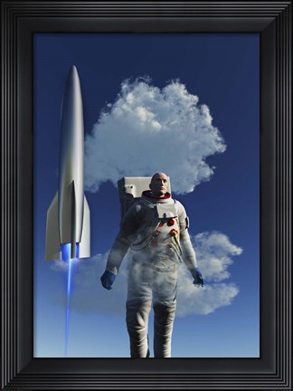 Framed Human Astronaut in Front of a Rocketship Taking Off Print