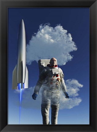 Framed Human Astronaut in Front of a Rocketship Taking Off Print