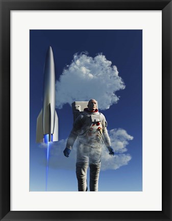 Framed Human Astronaut in Front of a Rocketship Taking Off Print