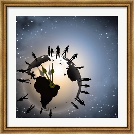 Framed Human Silhouettes Standing Around Planet Earth, Representing Time and Crowd Print