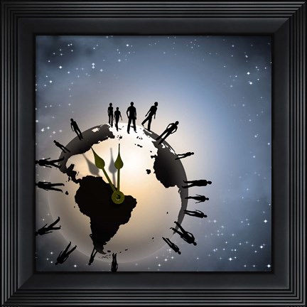Framed Human Silhouettes Standing Around Planet Earth, Representing Time and Crowd Print