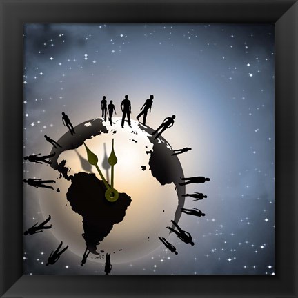 Framed Human Silhouettes Standing Around Planet Earth, Representing Time and Crowd Print