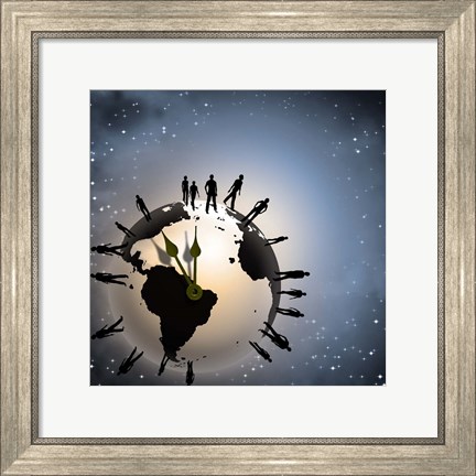 Framed Human Silhouettes Standing Around Planet Earth, Representing Time and Crowd Print