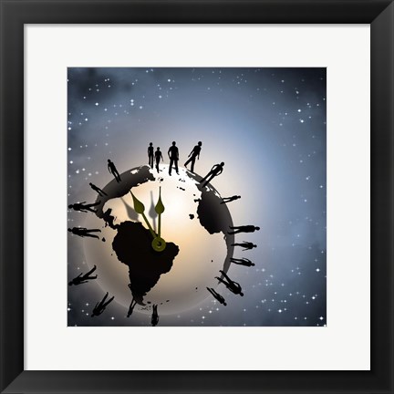 Framed Human Silhouettes Standing Around Planet Earth, Representing Time and Crowd Print