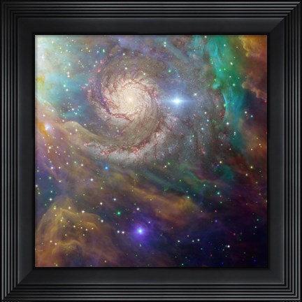 Framed Spiral Galaxy in a Colorful Deep Space Scene Print