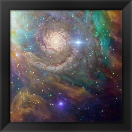 Framed Spiral Galaxy in a Colorful Deep Space Scene Print