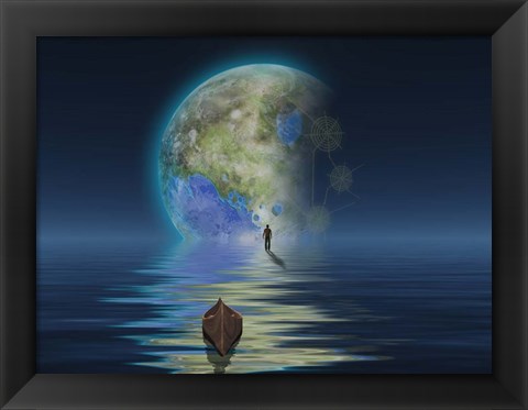 Framed Man With Boat On Water Surface Before the Terraformed Moon Print