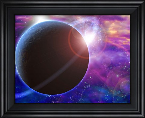 Framed Planet and Cosmos Rising Sun in Vivid Space Print
