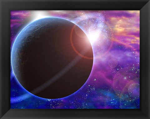 Framed Planet and Cosmos Rising Sun in Vivid Space Print