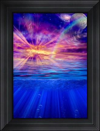 Framed Vivid Sky With Moon and Galaxy Over a Calm Water Surface Print