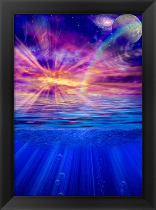 Framed Vivid Sky With Moon and Galaxy Over a Calm Water Surface Print