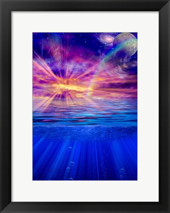 Framed Vivid Sky With Moon and Galaxy Over a Calm Water Surface Print