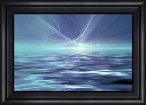Framed Fantastic Glowing Light Or Solar Wind Over Water Surface Print