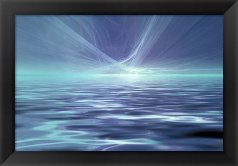 Framed Fantastic Glowing Light Or Solar Wind Over Water Surface Print