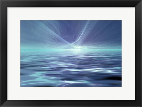 Framed Fantastic Glowing Light Or Solar Wind Over Water Surface Print