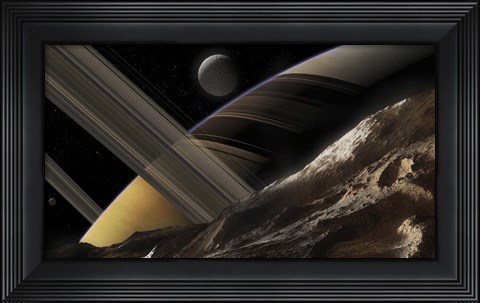 Framed Passing Comet Makes a Close Flypast of Saturn and Two of Its Moons Print