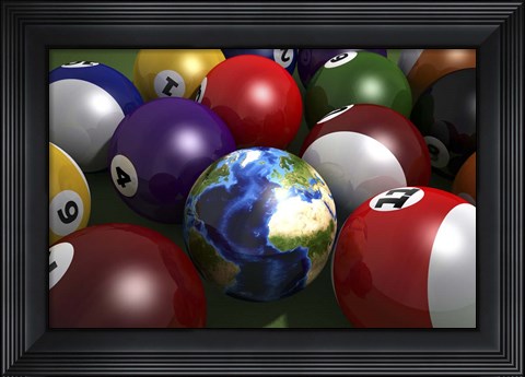 Framed Pool Table With Balls and One of Them As Planet Earth Print