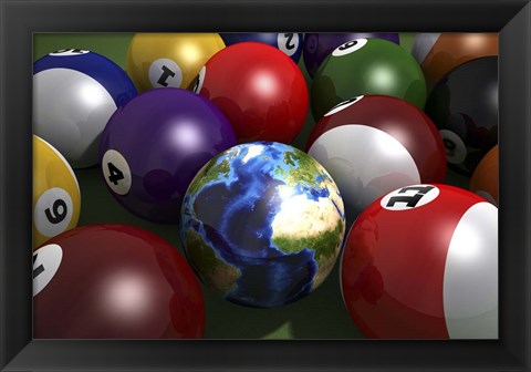 Framed Pool Table With Balls and One of Them As Planet Earth Print