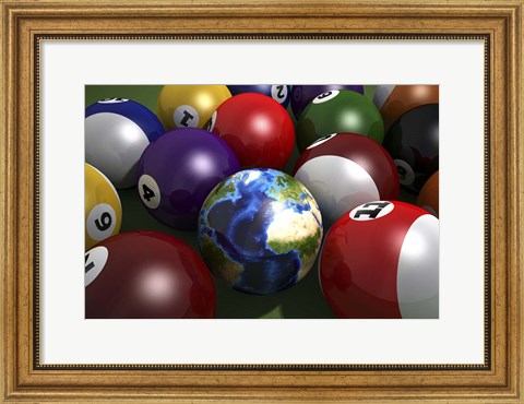 Framed Pool Table With Balls and One of Them As Planet Earth Print