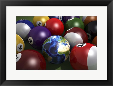 Framed Pool Table With Balls and One of Them As Planet Earth Print