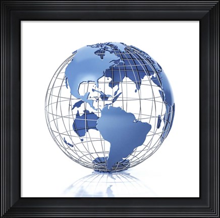 Framed 3D Stylized Earth Globe With Metal Grid, Americas View Print