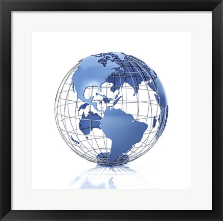 Framed 3D Stylized Earth Globe With Metal Grid, Americas View Print