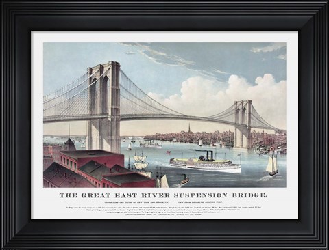 Framed Currier &amp; Ives illustration of the Brooklyn Bridge after completion in 1883 Print