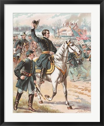 Framed General Joseph Hooker riding on a horse and waving at his troops Print