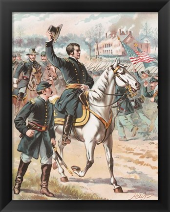 Framed General Joseph Hooker riding on a horse and waving at his troops Print