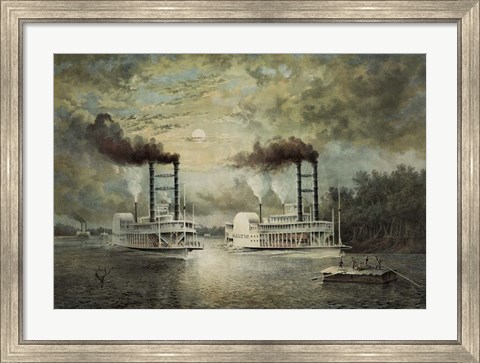 Framed Steamships Baltic and Diana, in a neck-to-neck race on the river Print