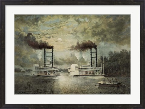 Framed Steamships Baltic and Diana, in a neck-to-neck race on the river Print
