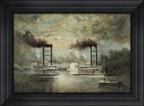 Framed Steamships Baltic and Diana, in a neck-to-neck race on the river Print