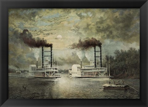 Framed Steamships Baltic and Diana, in a neck-to-neck race on the river Print