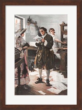 Framed Benjamin Franklin in his Philadephia printing Shop Print
